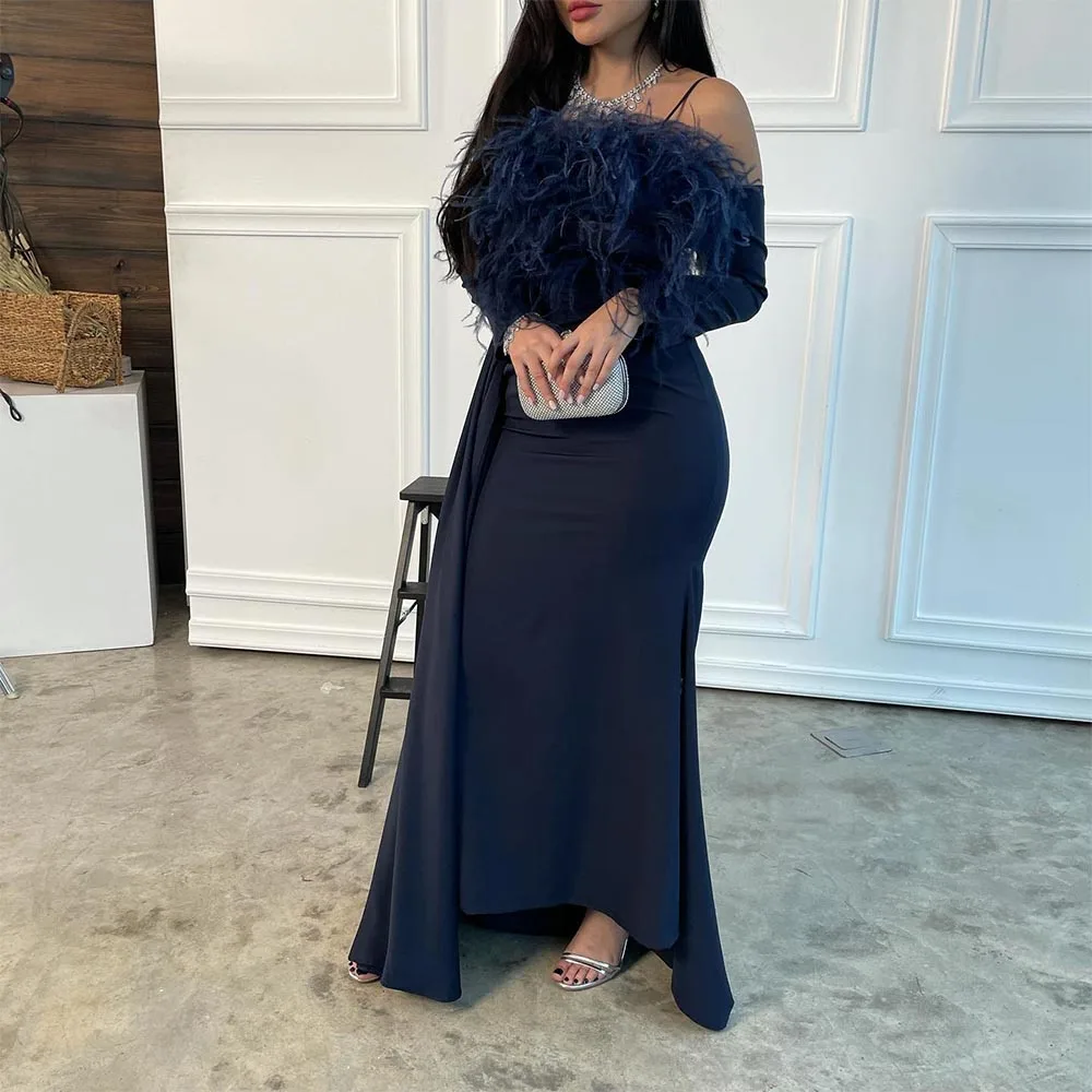 

Xijun Luxury Feathers Mermaid Evening Dresses Long Sleeves Strapless Saudi Arabic Dubai Women Formal Party Prom Gowns
