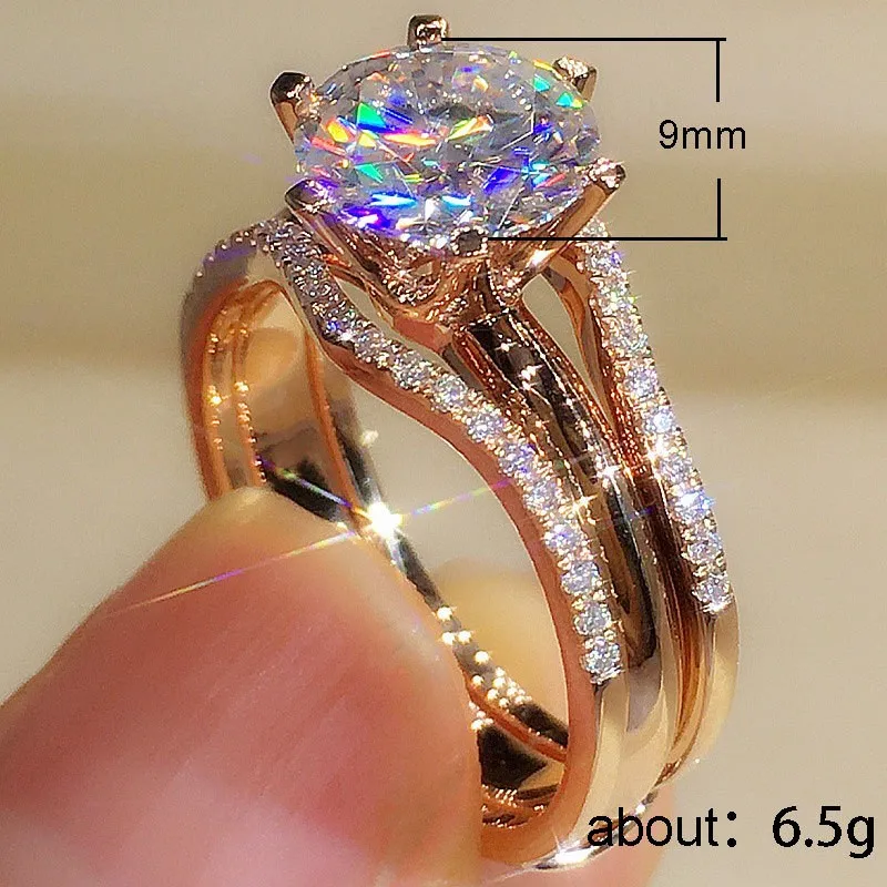 Huitan Unique Rose Gold Color Rings For Women Classic 6 Claws Designed Cubic Zirconia Rings Wedding Engagement Bands Hot Jewelry_voghion.com