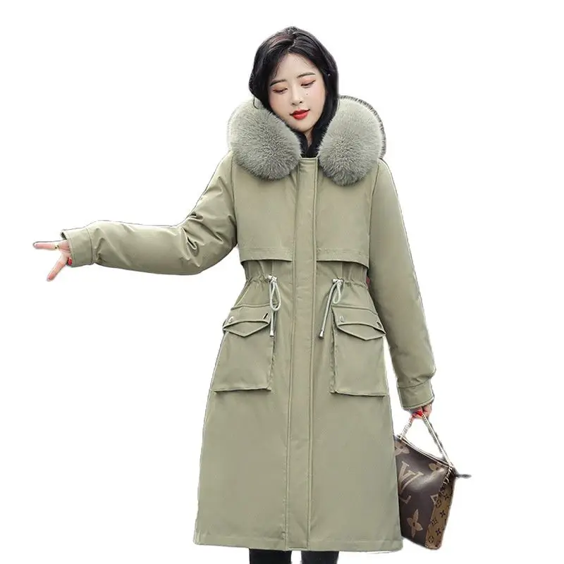 

2023 Long Winter Parka Women Coat Detachable Liner Thicken Cotton Padded Jacket Female Hooded Overcoat Fur Collar Warm Outerwear