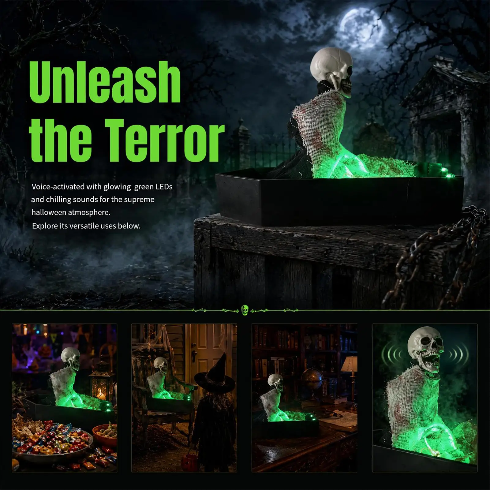 Sound-Activated Animated Skeleton Coffin with Green LED Lights and Scary Sounds - Halloween Decor for Home and Parties