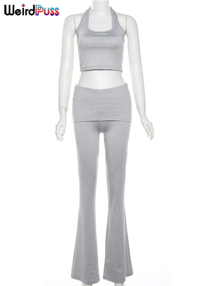 Weird Puss Casual 2piece Set Women Simple Stretch Solid Elegant Sporty Halter Camisole+Flare Pants Matching Streetwear Outfits 6