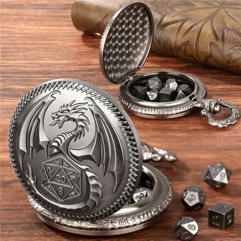 Pocket Watch Chain Vintage 7 X Metal Polyhedral Dice With Bronze Dragon Pocket Watch Case Entertainment Role Play Game Dices Pendant Chain