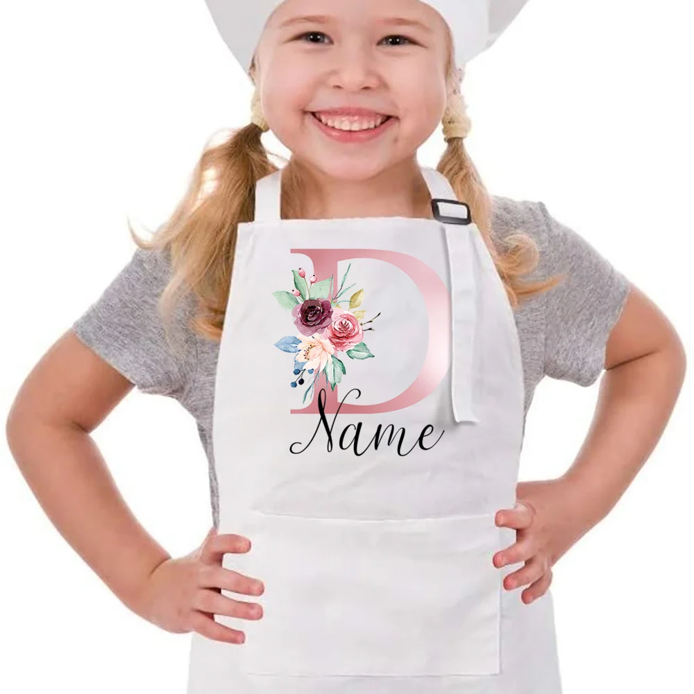 Personalized Kids Apron Cooking Kitchen Apron Pink Flower Initial and Name Apron for Children Custom Girls Cooking Apron Gift images - 6