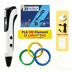 Digital Display 3D Printing Pen Set with Multicolor PLA - USB Type - C (WHITE)
