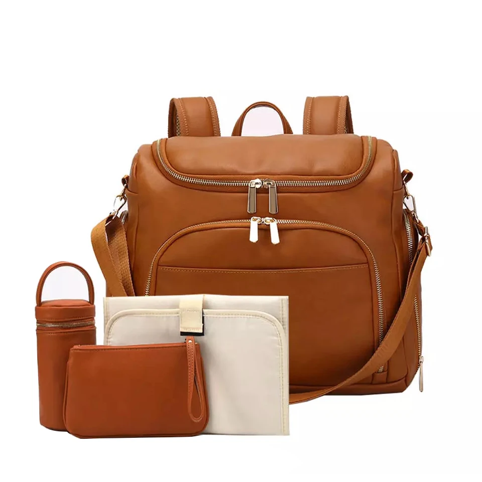 PU Leather Baby Nappy Diaper Bag Backpack+Changing Pad+Stroller Straps+Insulation bag+Cosmetic bag