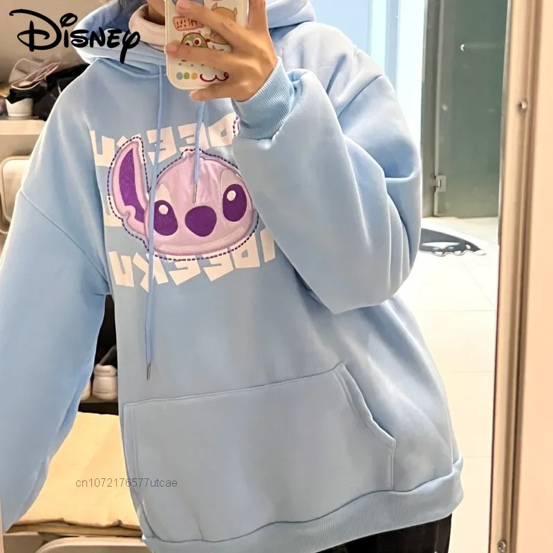 

Disney Stitch Flocked Embroidery Cartoon Hooded Sweater Y2k Men's And Women's Fashion Loose Coat American Funny Hoodie Clothes