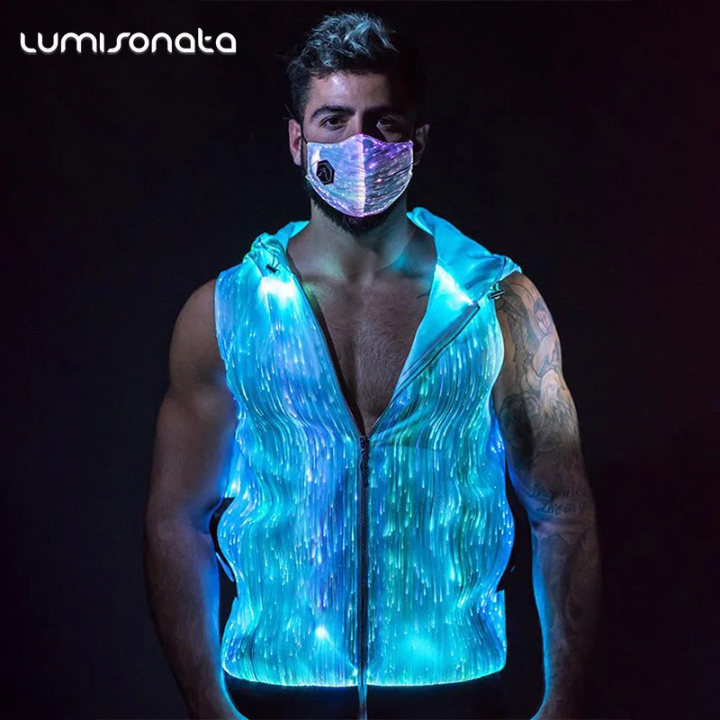 

Nightclub Party Bar DJ Costume Men LED Luminous Coat Carnival Street Dance Rave Outfit Hoodie Jacket Adult Show Tron Clothes