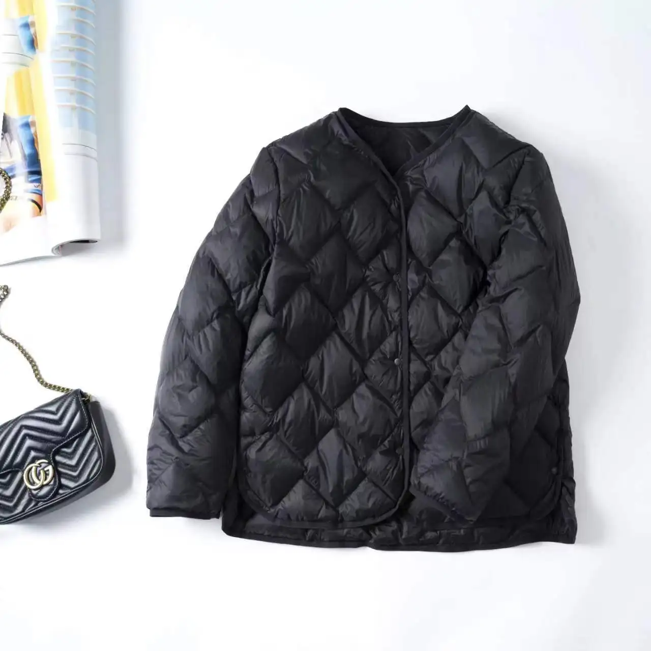 Women Lightweight Down Jacket Diamond Grid Collarless Autumn Winter White Duck Down Thickening Casual Down Coat Female Outwear
