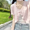 Cute Knitted Cardigan Women Pearl Button Bow Decoration Heart Hollow Out Short Sweater for Sweet Girl Kawaii Clothes 1