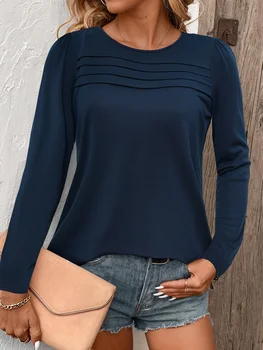 Elegant Directed Toothpick Pleat Pure Color round Neck T-Shirt Sophisticated Design Basic Crew Neck Tee for Casual Wear 1