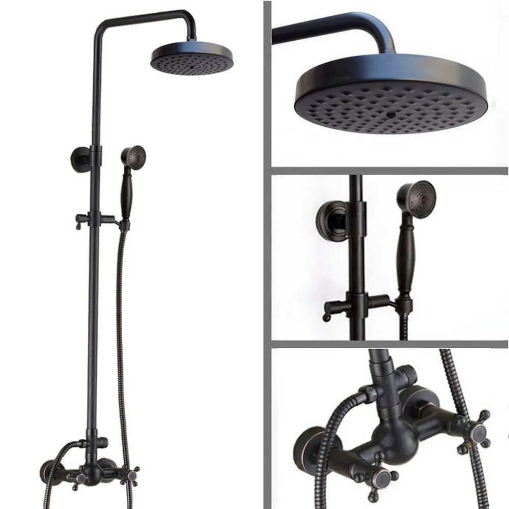 

Черный латунный кран для душа с двумя перекрестными ручками, для ванной комнаты, 8 дюймов, круглый смеситель для душа, набор, смеситель для ванны, ручной душ mrs416