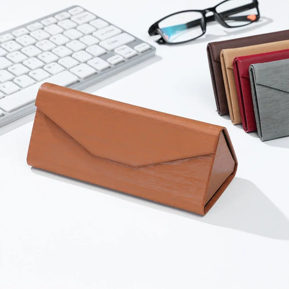 

1PC Unisex Triangle Folding Sunglasses Box PU Waterproof Eyewear Case Wood Grain Portable Glasses Protective Box