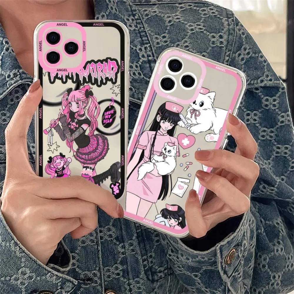 Y2K Angel Pink Cartoon Sweet Phone Case Per Samsung S 23 22 21 20 Ultra Plus Lite Trasparente Shell