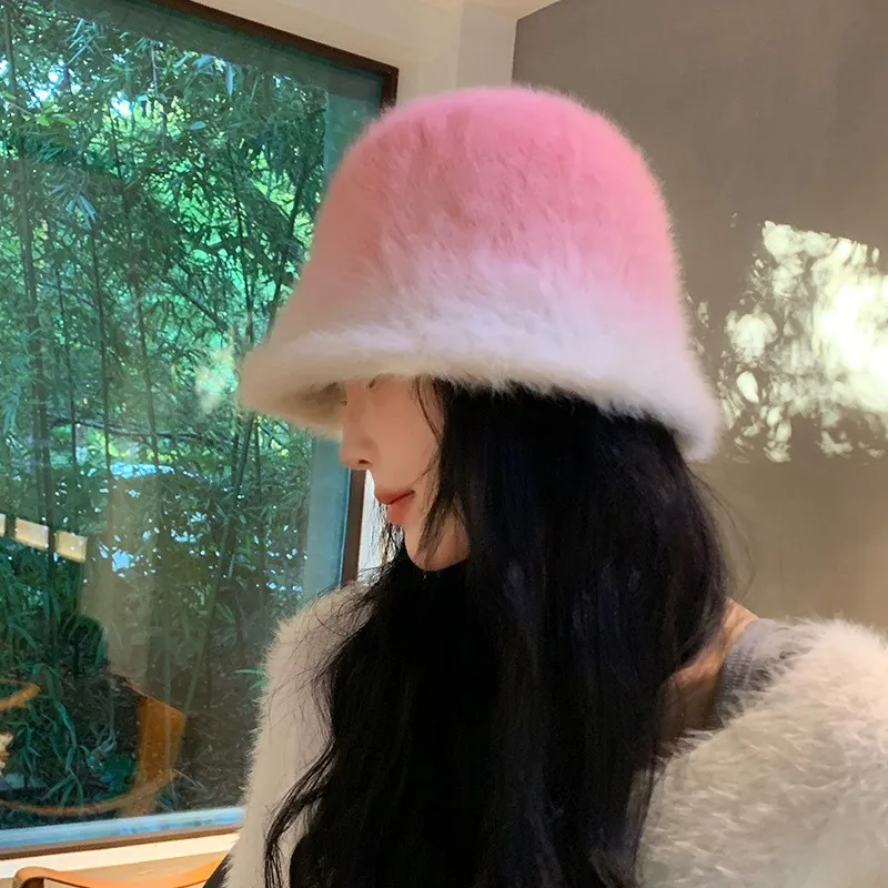 

Rabbit Fur Pink Gradient Bucket Hat for Women autumn and winter warm