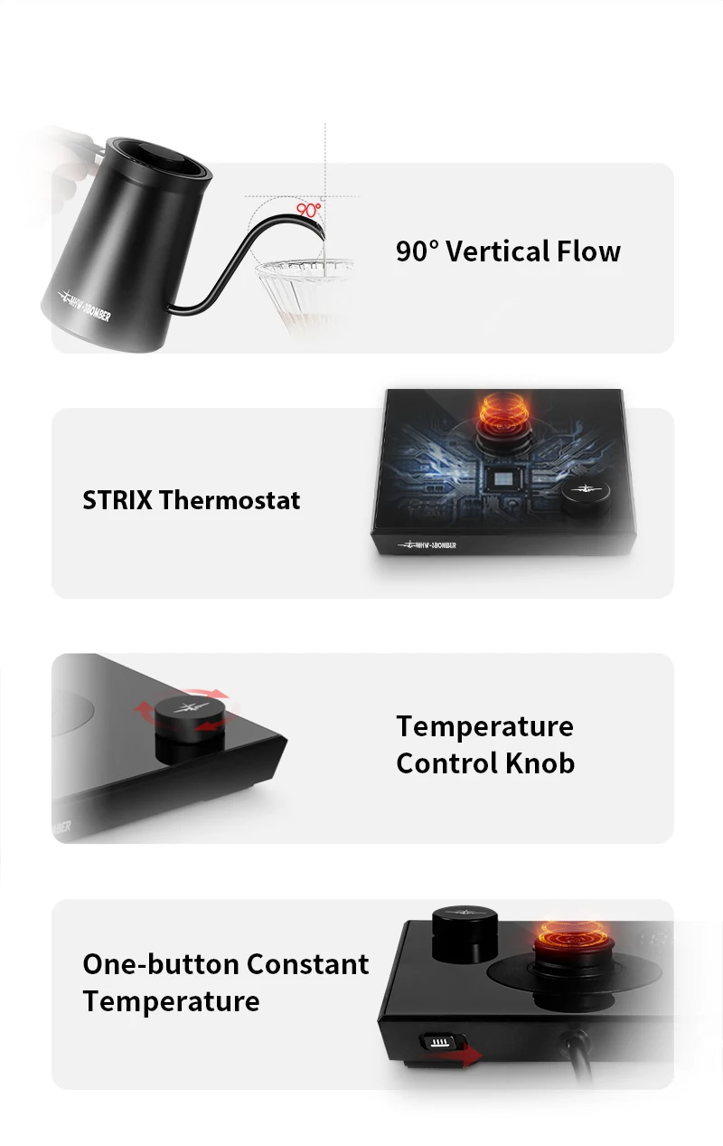Description Picture 3 of itemMHW-3BOMBER Electric Kettle Precision Temperature Gooseneck 1200W Stainless Steel Pour Over Coffee Pot Home Kitchen Accessories