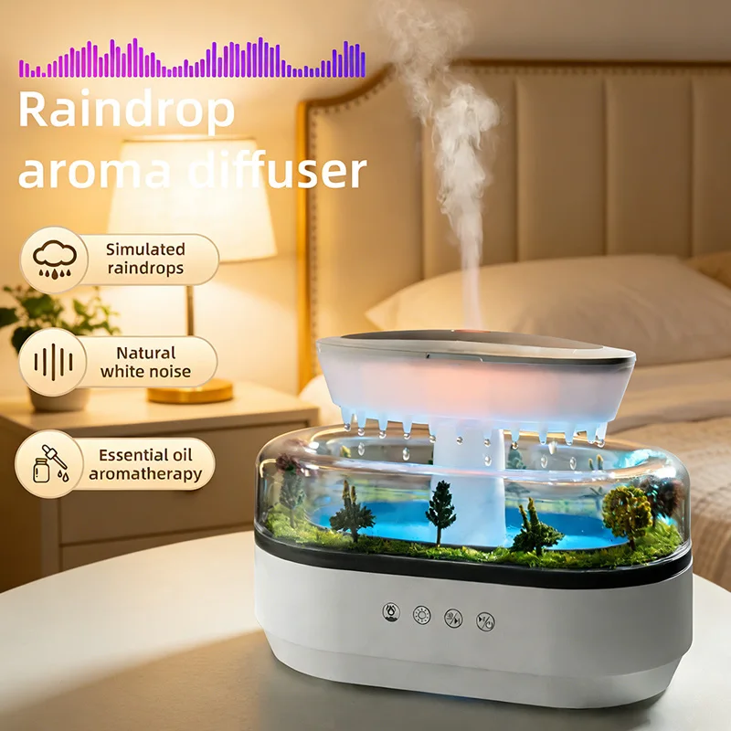Raindrop Aroma Diffuser with White Noise Music & 7-Color Atmosphere Light, Ultrasonic Air Humidifier for Relaxation, Sleep & Hom 1