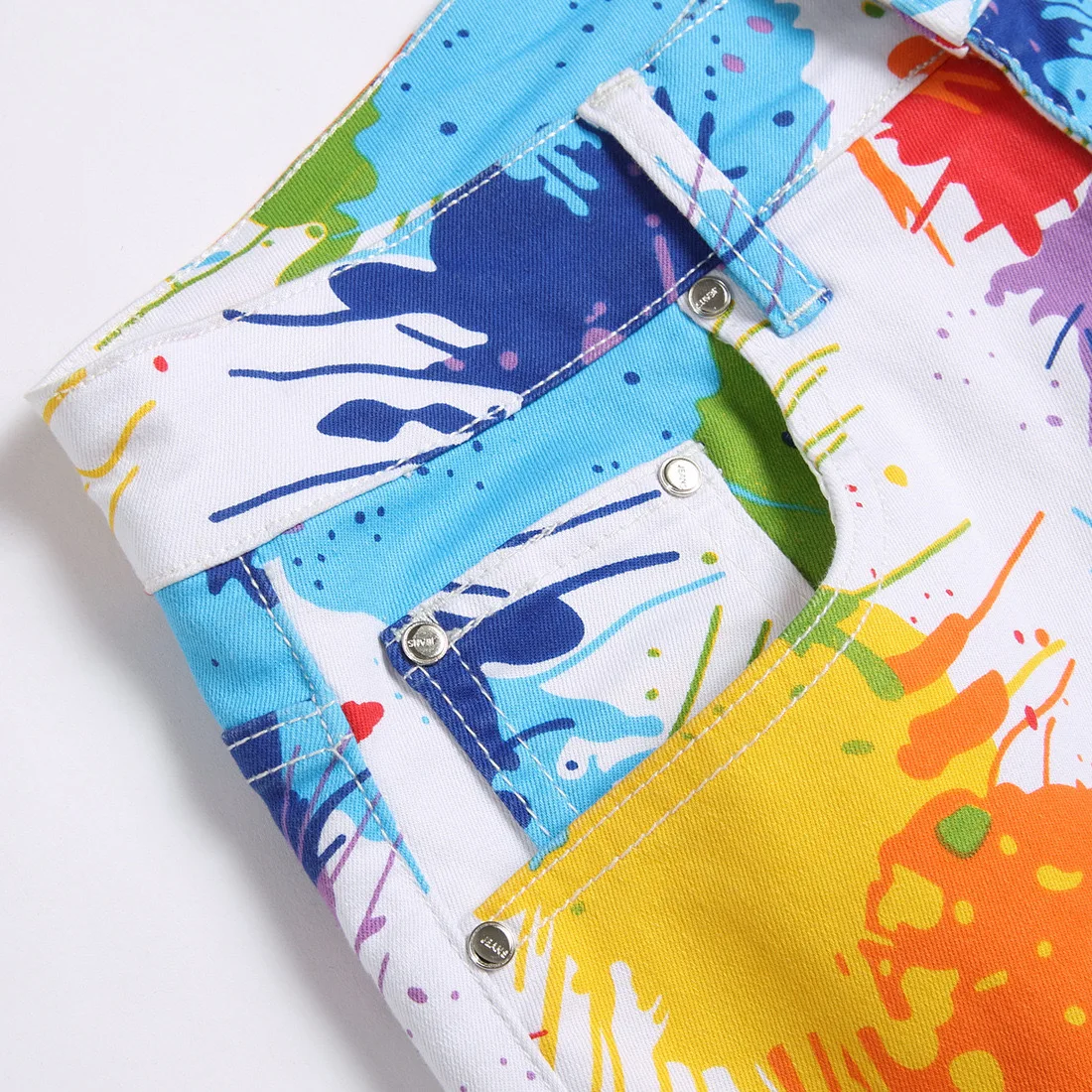 Summer Men Graffiti Jeans Shorts Color Pockets High Elastic Breathable Middle Pants Worn 3D Printing Zipper Fit Rainbow Fashion