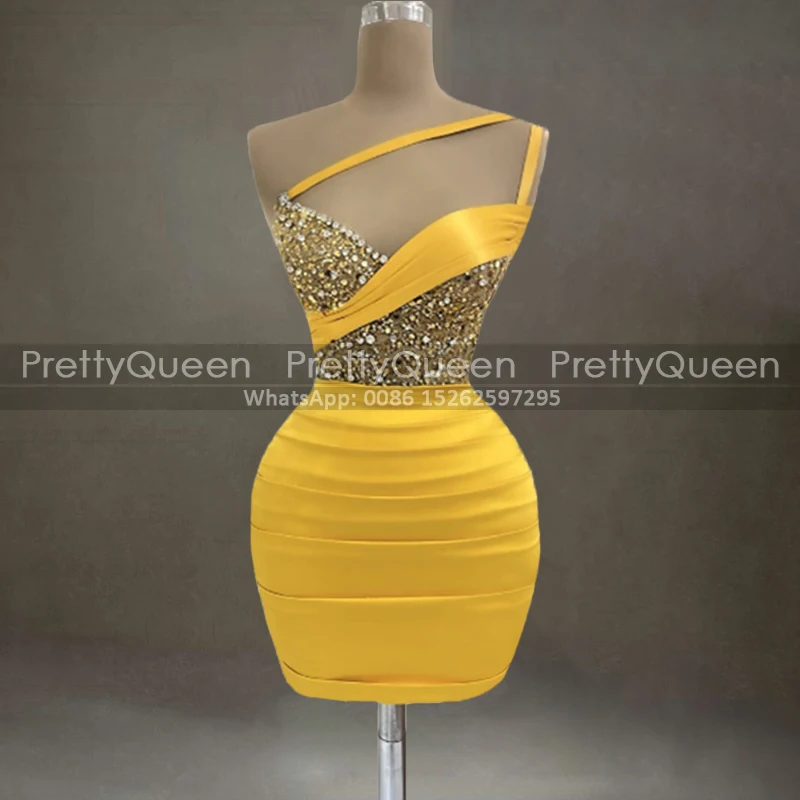 

Sparkle Beads Crystal Short Prom Dresses One Shoulder Gold Yellow Satin Sleeveless Mini Formal Party Dress Gown