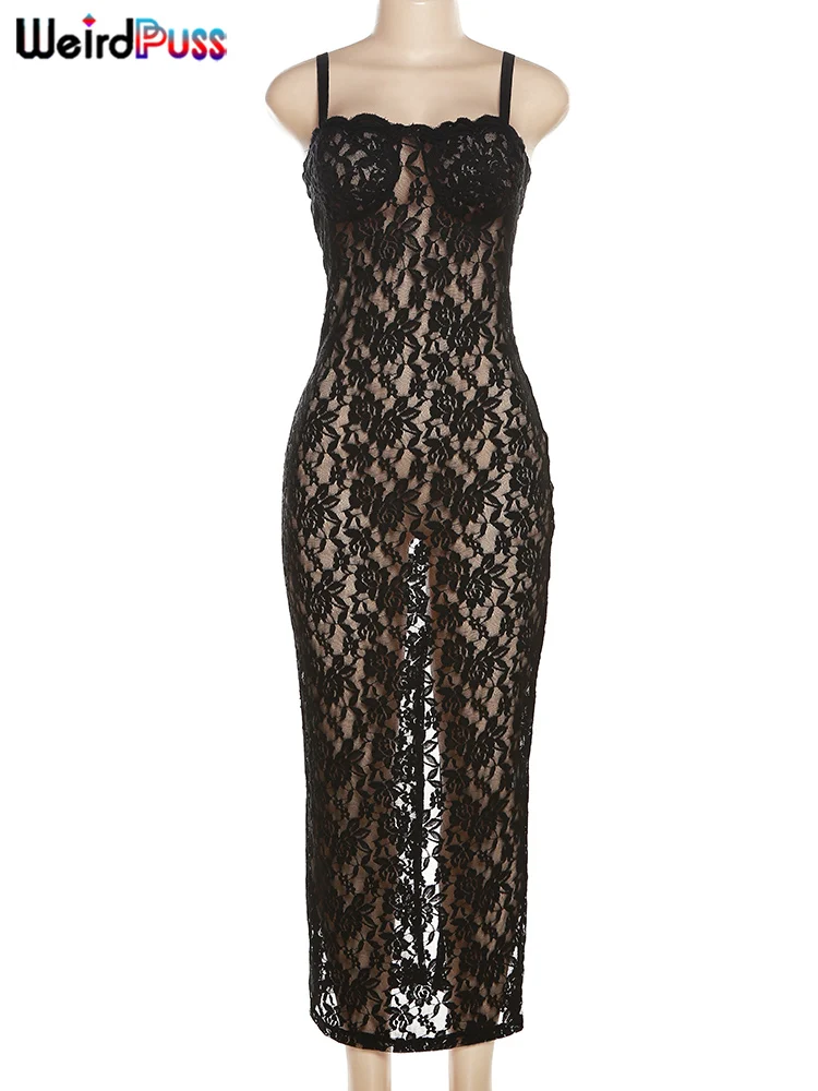 Weird Puss Lace Black Women Maxi Dress See Through Sleeveless Ladies Sexy Coquette Nightclub Party Bodycon Slim Fit Vestidos - Image 6