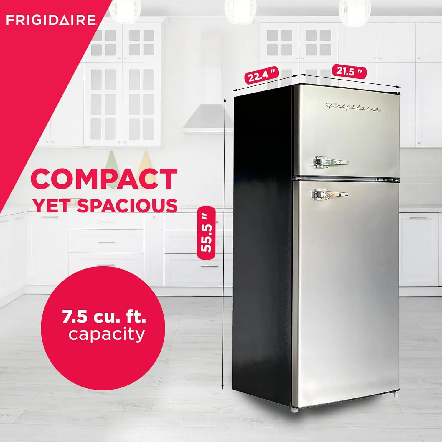 2 Door Apartment Size Refrigerator/Freezer Combo, 7.5 cu ft, Platinum Series, Stainless, 23" D x 21.5" W x 55.5" H, Stainless 2