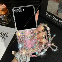 Luxury Crystal Phone Case with Vivid Butterfly and Flower Designs & Pearl Wrist Strap - Galaxy Z Flip5 (Pink)