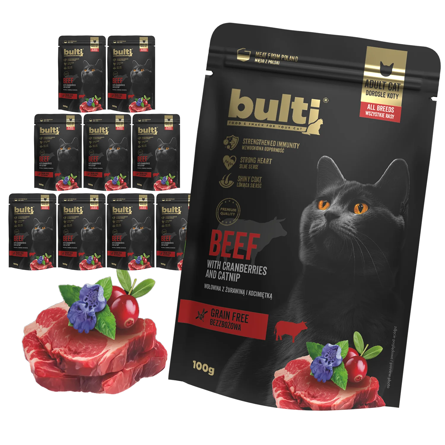 Karma mokra dla kota BULTI Superfood wołowina z żurawiną i kocimiętką, 10 x 100 g z Polski za $8.64 / ~32zł