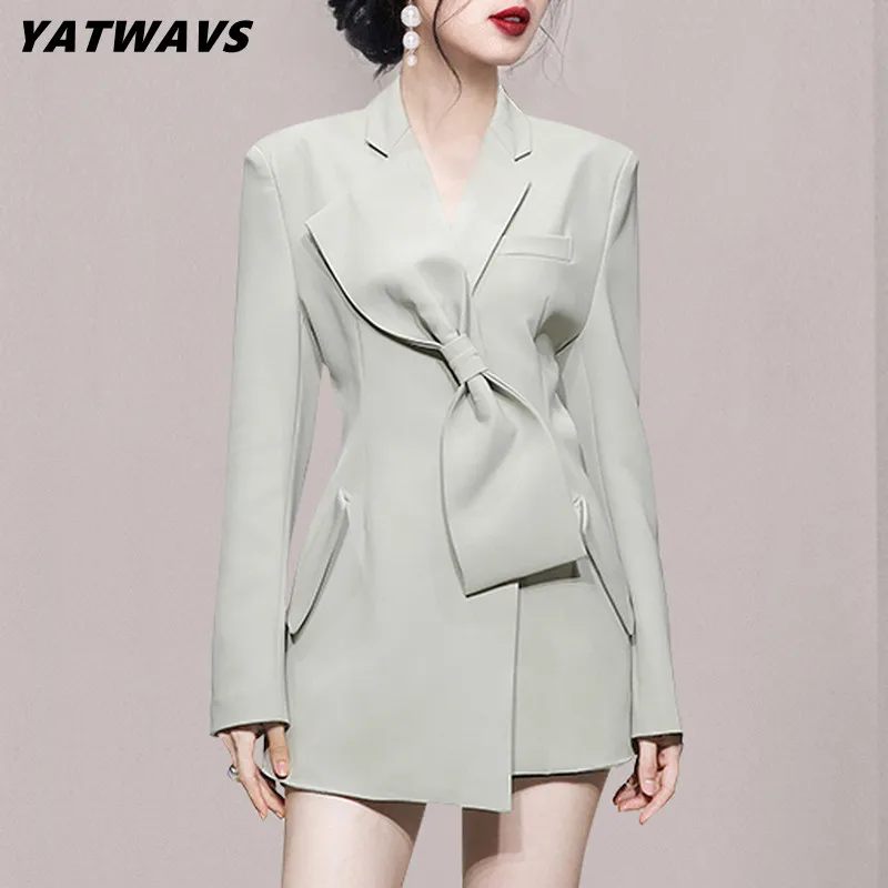 

Autumn Fashion Big Bow Decor Women Jacket Coat Ladies Winter Designer Suit Lapel Full Sleeve Business Female Long Outerwear