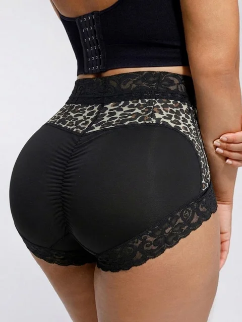 Culotte gainante confortable pour femme à imprimé léopard, effet rehausseur de fesses, avec dentelle et contrôle du ventre