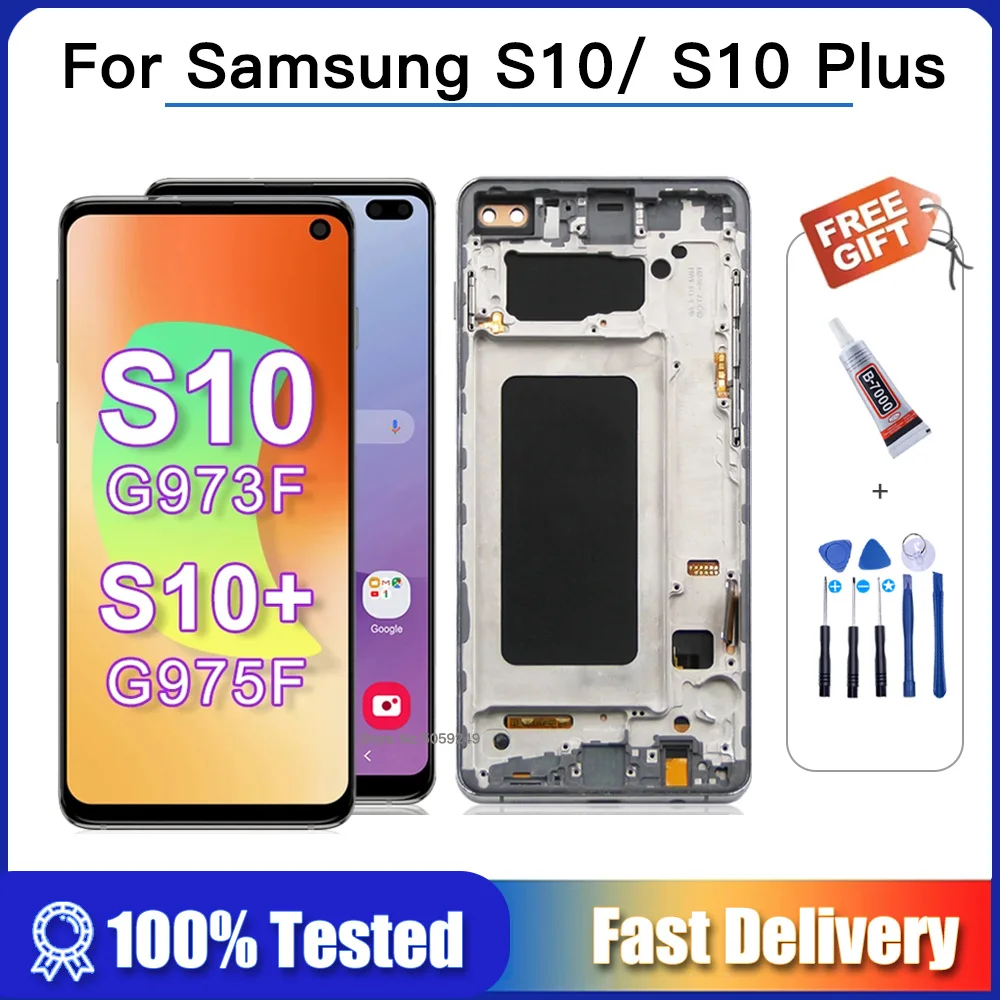 Per Samsung Galaxy S10 + /S10 Plus G975F/Ds Display Lcd Touch Screen Digitizer Per Schermo Samsung Galaxy S10 G973F/Ds Con Cornice