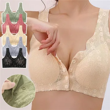 2024 New Front-open Button Large Size Underwear Bra For Women Thin Lace Bras Female Seamless Wire-Free Small Breast Push-up Bra 4