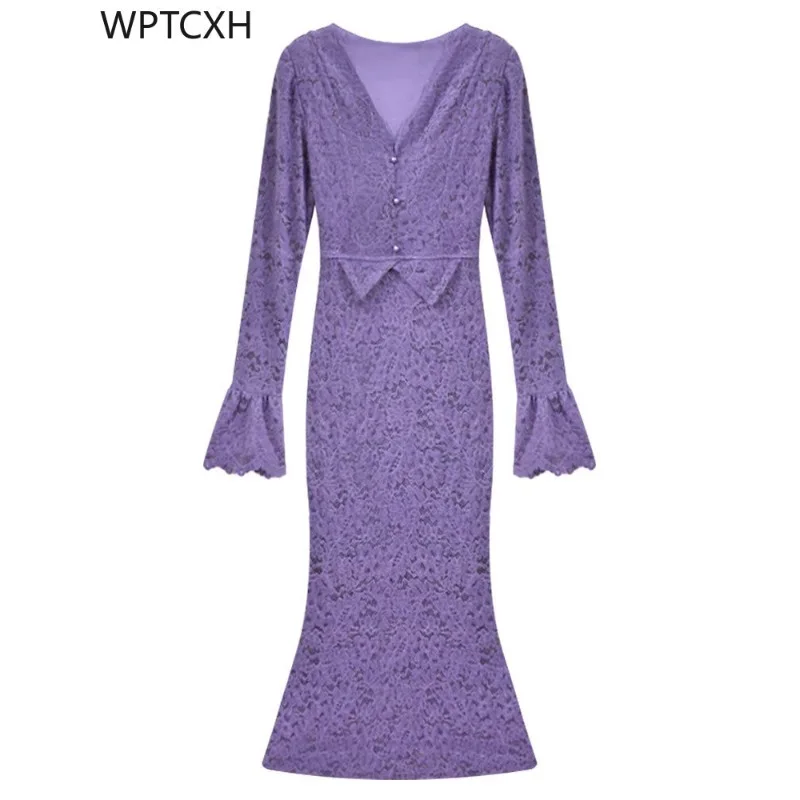 

2024 Commuter Elegance Large Size V-neck Design Lace Sexy Hip Wrap Skirt Spring Autumn Slim Fishtail Skirt French Maxi Dress