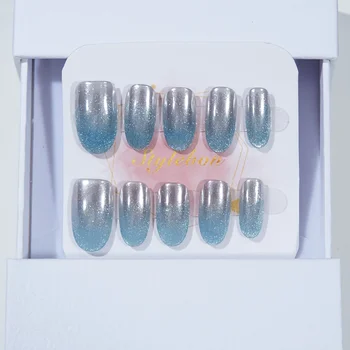 10Pcs Handmade Press on Nail Crushed Ice Blue Gradient Cat's Eye Full Coverage Nail Tips for Women&Girl Detachable Wearable Nail