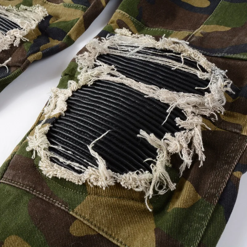Camouflage Denim Jeans Pants Multiple Pockets Slim Fit Non Stretch Holes Ribs Patchwork Jeans Men