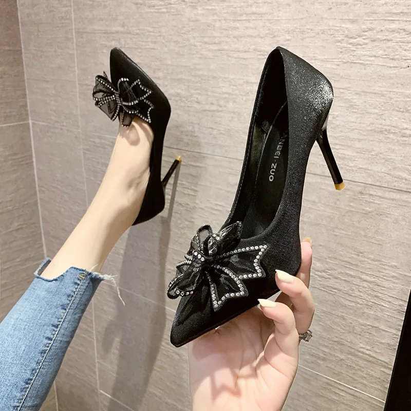 Women's High Heels Shoes 2024 New Fashion Temperament Bow Rhinestone  Pointed Wedding Shoes Bride Designers Shoes Party Shoes - AliExpress