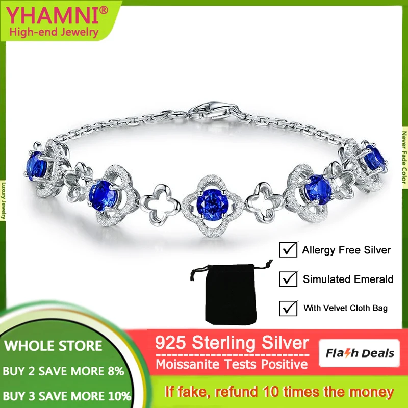 

YHAMNI Vintage 100% Real 925 Silver Four-Leaf Clover Lab Sapphire Gemstone Stud Earrings for Women Cocktail Party Fine Jewelry
