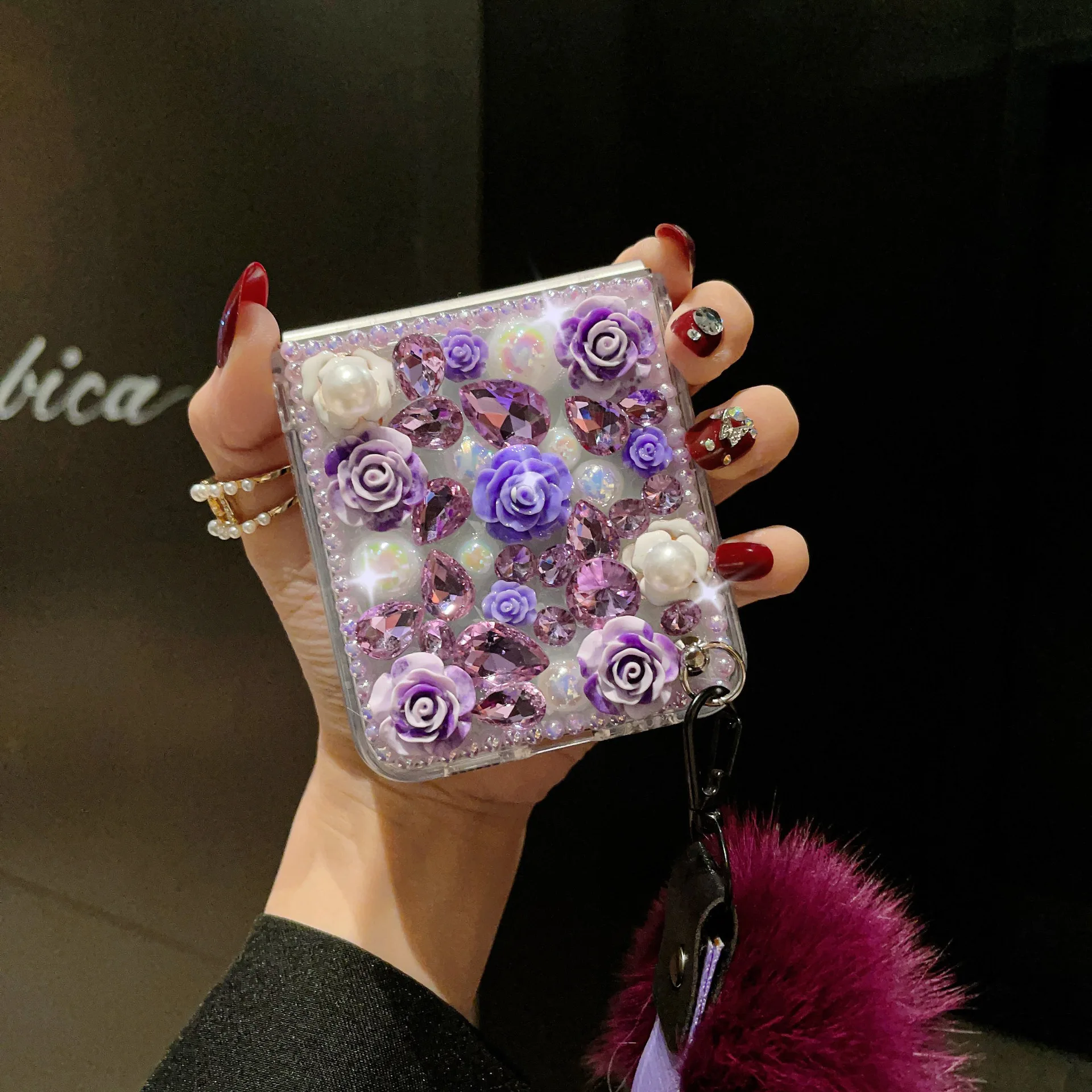Rhinestone Pearl Flower Folding Phone Case Hairball Pendant Accessories Galaxy Z Flip 3 4 5 6