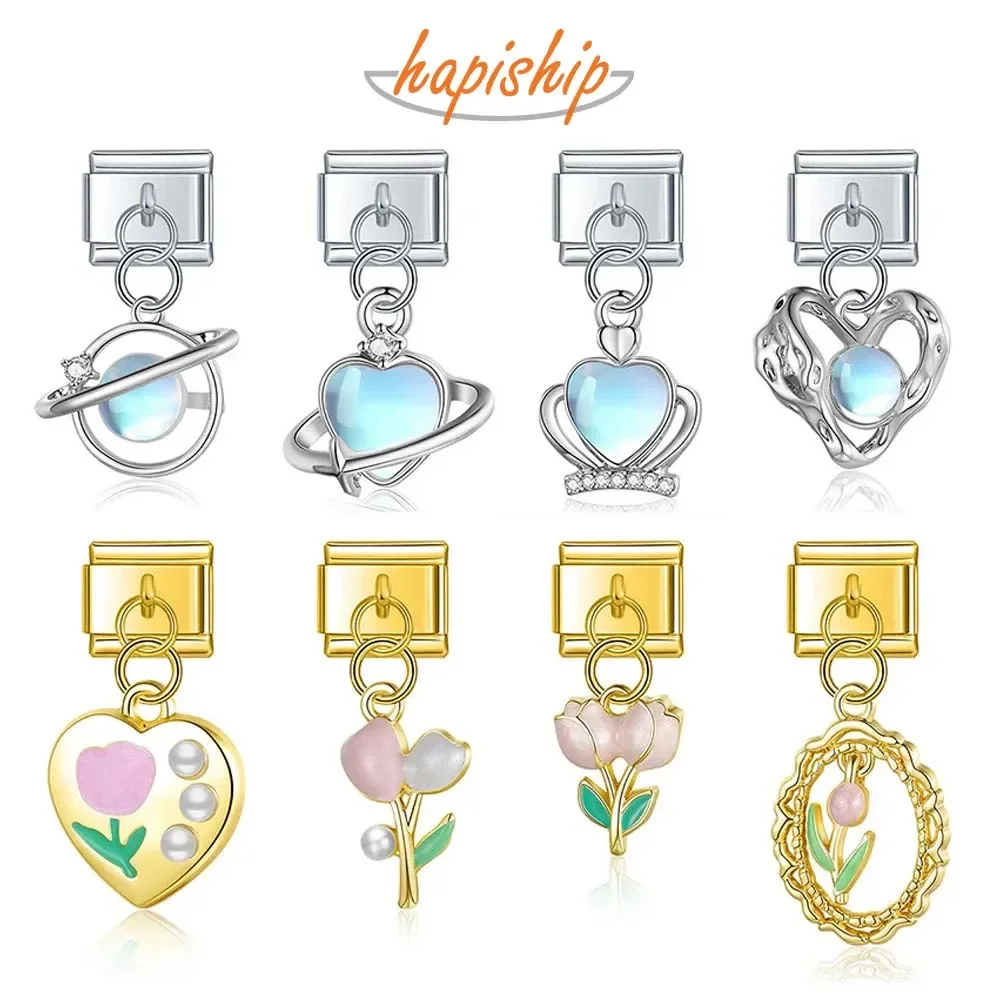 Charm Bracelet Hapiship Daisy Flower Crown Heart Moon Planet CZ Italian Charm Fit 9mm Bracelet Stainless Steel Jewelry Making DJ599