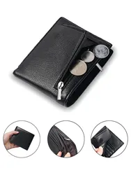 Men's Premium Pebbled Leather Bifold Wallet - Compact Design with Zipper Coin Pocket and Magnetic Closure (Black)