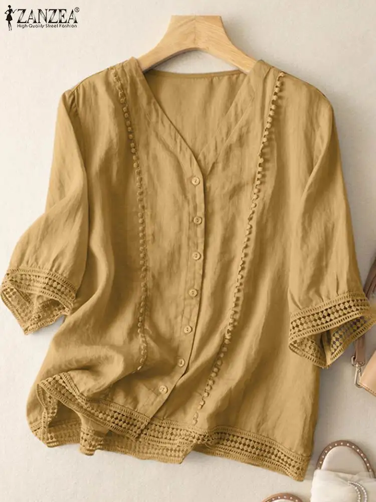

2023 ZANZEA Women Elegant Summer V Neck 3/4 Sleeve Shirt Casual Lace Patchwork Blouse Loose Tunic Tops Female Hollow Out Blusas
