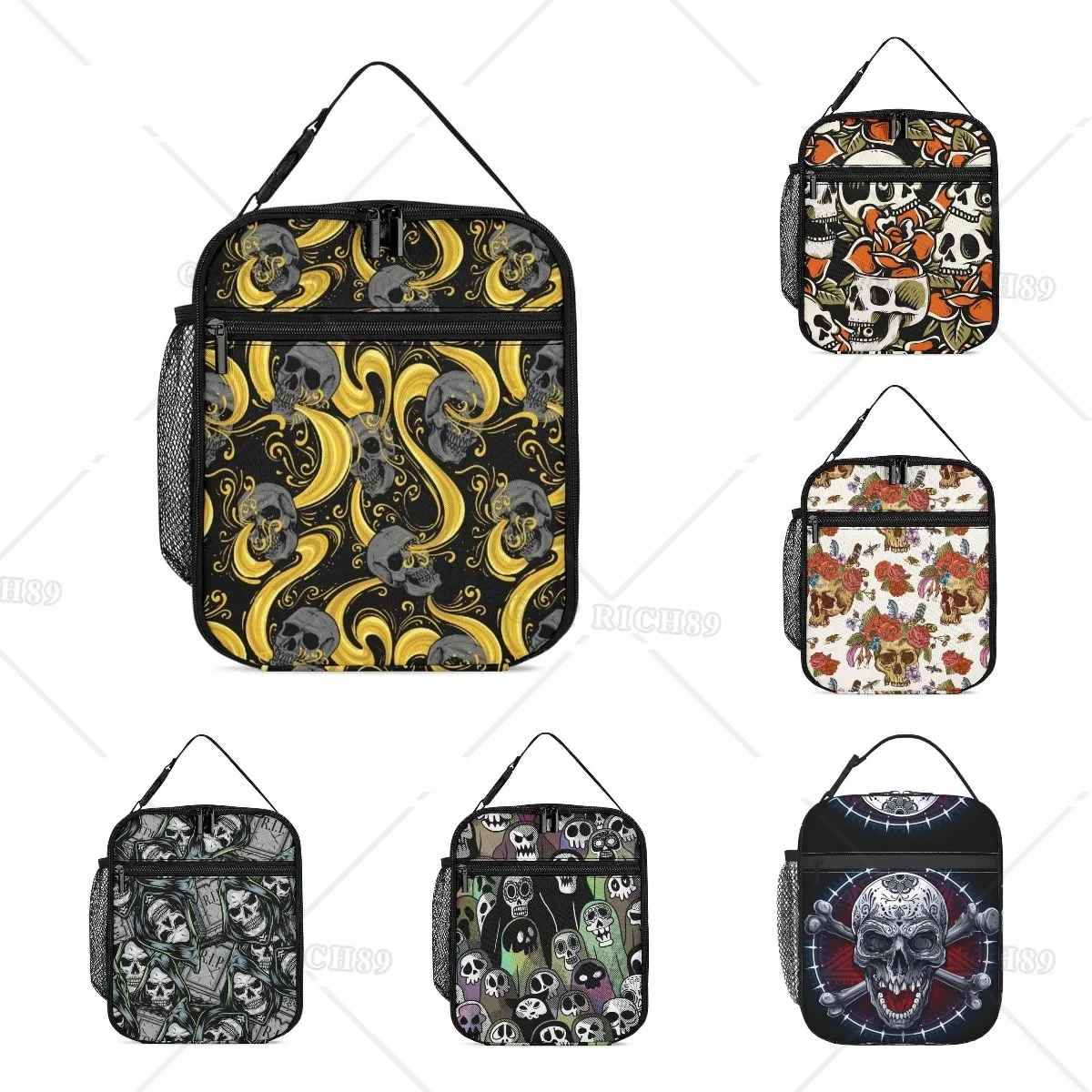 

Gothic Skull Lunch Bag for Women Men Adults Trip Work,Insulated Tote Bag, Portable Reusable Lunch Box with Side Pocket