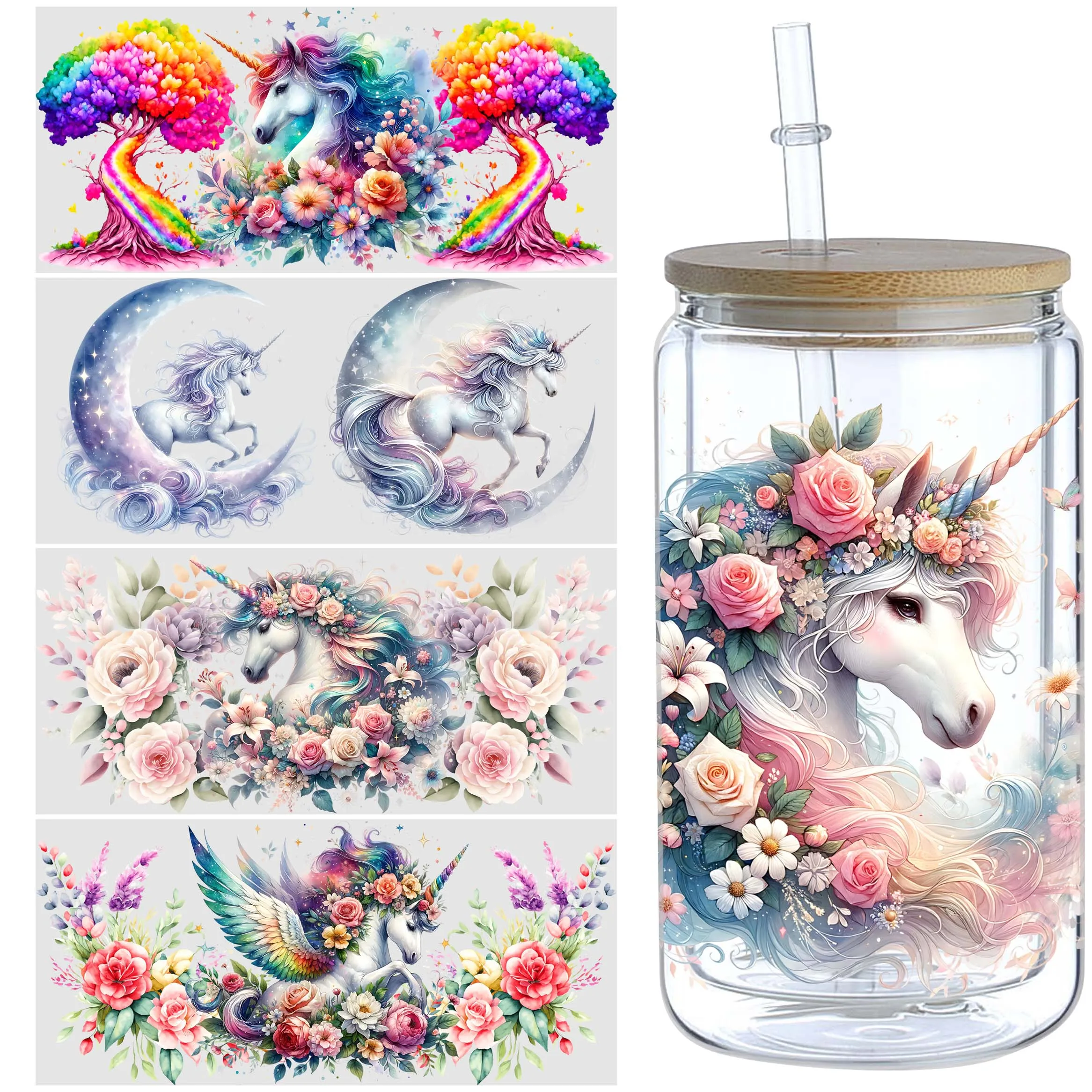5 Sheets Unicorn UV DTF Cup Holder 16 oz,DTF Cup Holder Transfer Glass,Water Bottle Waterproof Sticker,Friction Transfer Sticker
