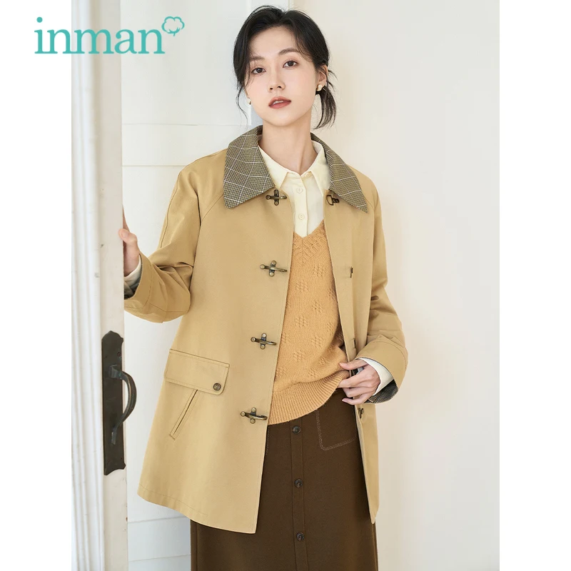 INMAN Women Coat 2023 Spring Long Sleeve British Retro Patchwork Plaid Lapel Loose Jacket Unique Button Design Elegant Outwear