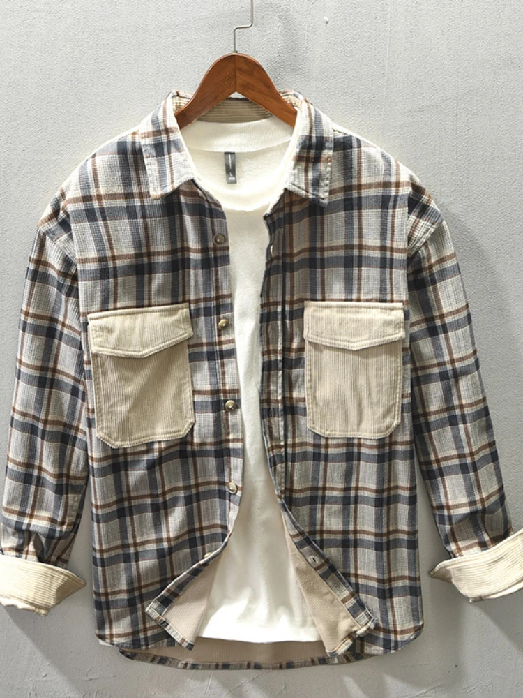 

Autumn Winter New Men Plaid Corduroy Shirt Casual Long Sleeve Thick Patch Pocket Design Button Up GA-Z163