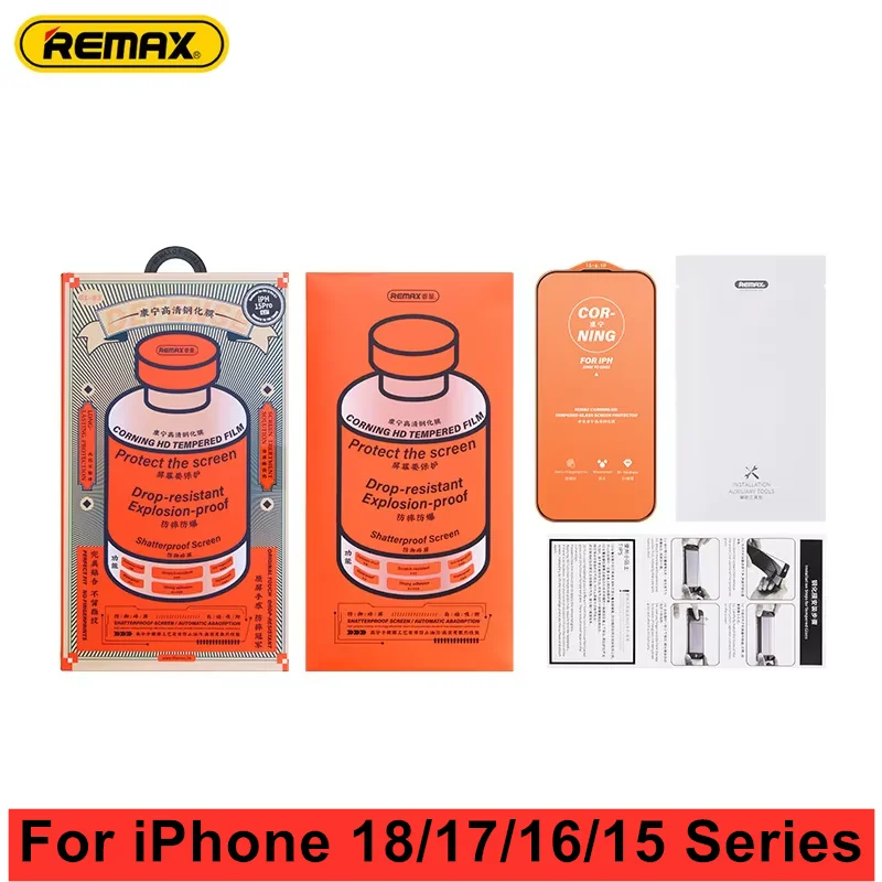 Remax Corning HD Panzerglas Displayschutz für iPhone 17, 17Pro, 17ProMax, für iPhone 18Pro, 18ProMax, für iPhone 16/15 Serie