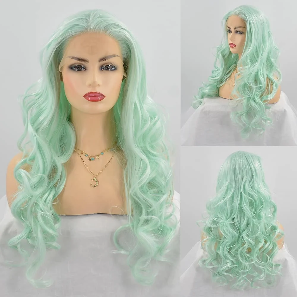 

QW Mint Green Blonde Body Wave Synthetic Lace Front Wigs for Women Free Part Pre Plucked Natural Looking Daily Party Wear Wigs