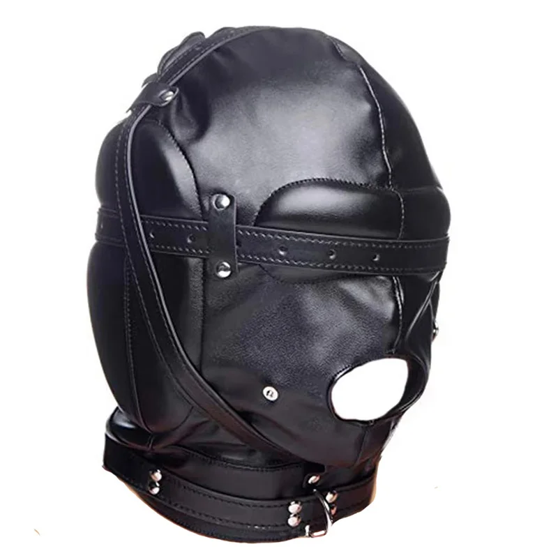 Leather Padded Hood Blindfold And Head Harness Gag Set_voghion.com