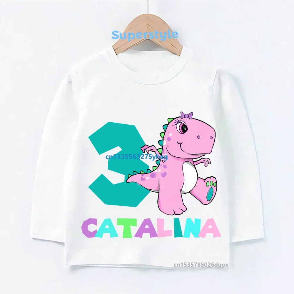 

Spring 2024 New Dinosaur Customized Name Birthday Shirts 2 3 4 5 6 7 8 Years Kawaii Girl Dinosaur Birthday Long Sleeve T-shirt