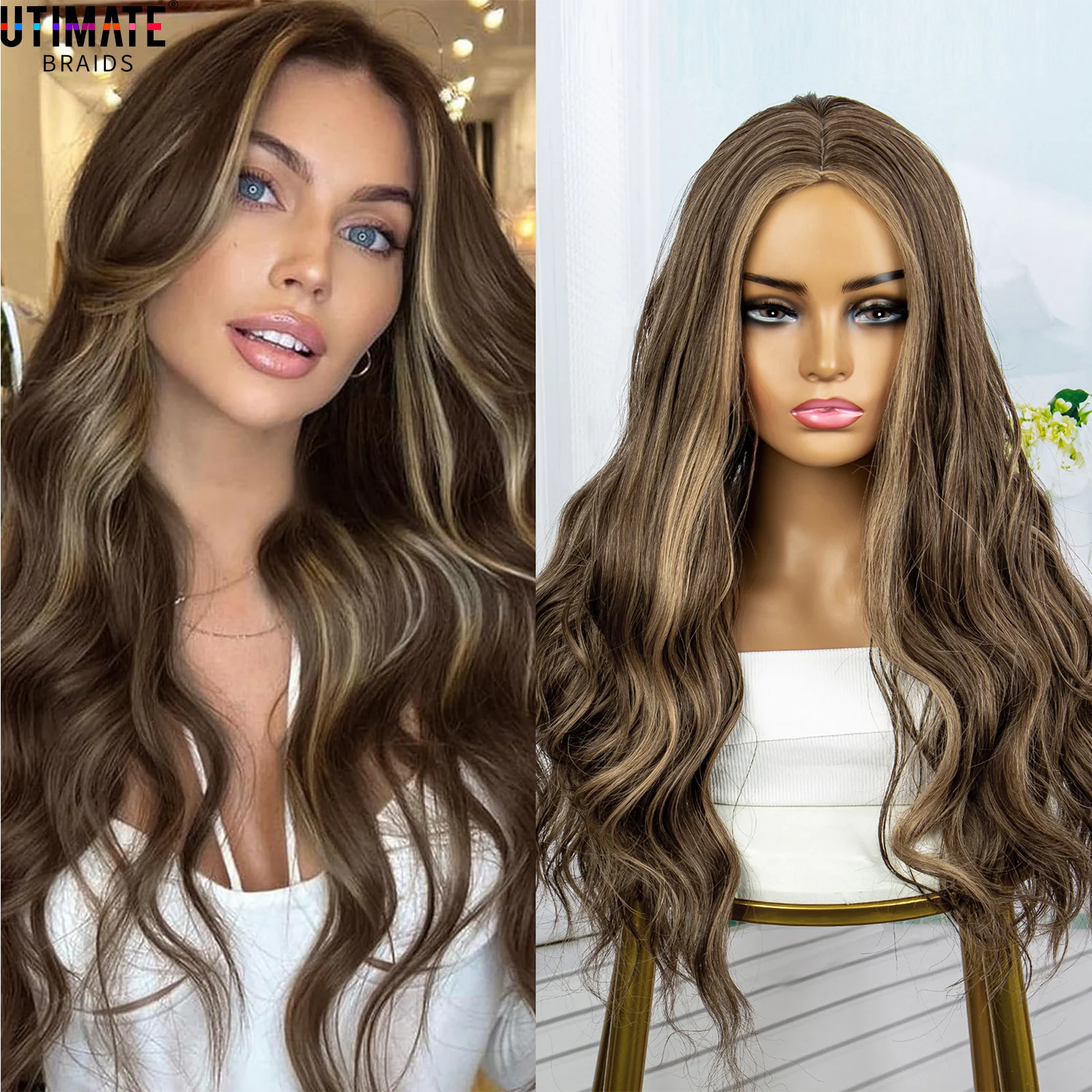 

Brown Mixed Light Blonde Synthetic Wig 24 Inch Long Wave Heat Resistant Wig Cosplay Hair For White Black Women Daily Use