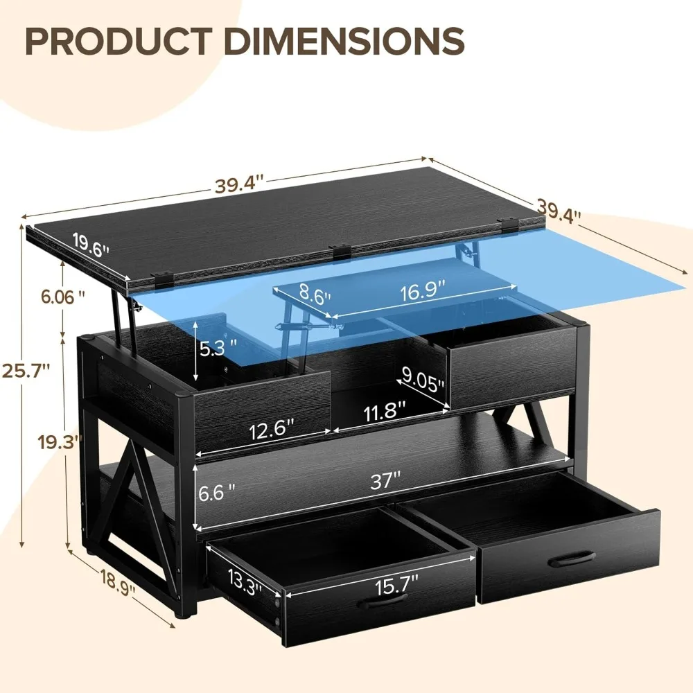 40" Lift Top Coffee Table,4 in 1 Multi-Function Lift Coffee Tables with Storage Drawers and Hidden Compartmen 2