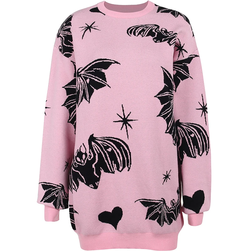 Y2K Korean Fashion Pink Sweater Goth Bat Print Pullovers Long Sleeve Tops Autumn Winter Long Sweaters Christmas Streetwear